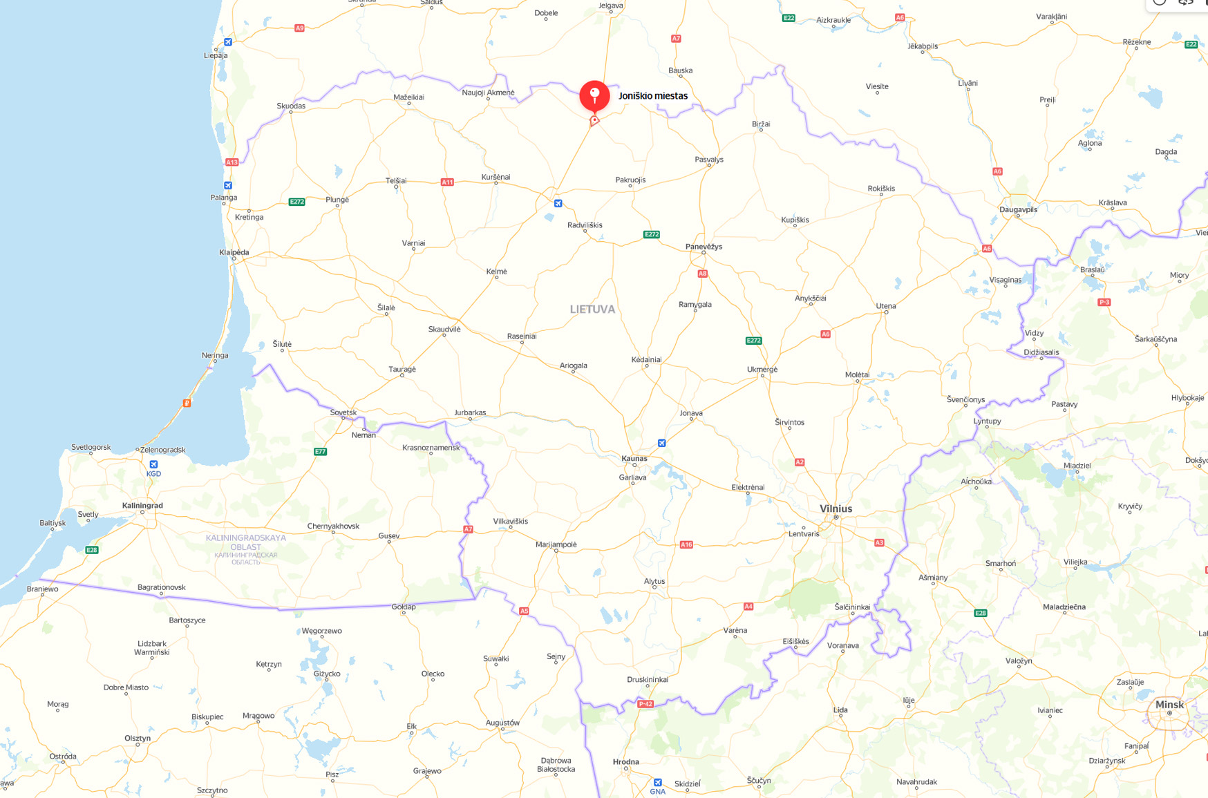 Joniškio miestelio lokalizacija LR administraciniame žemėlapyje