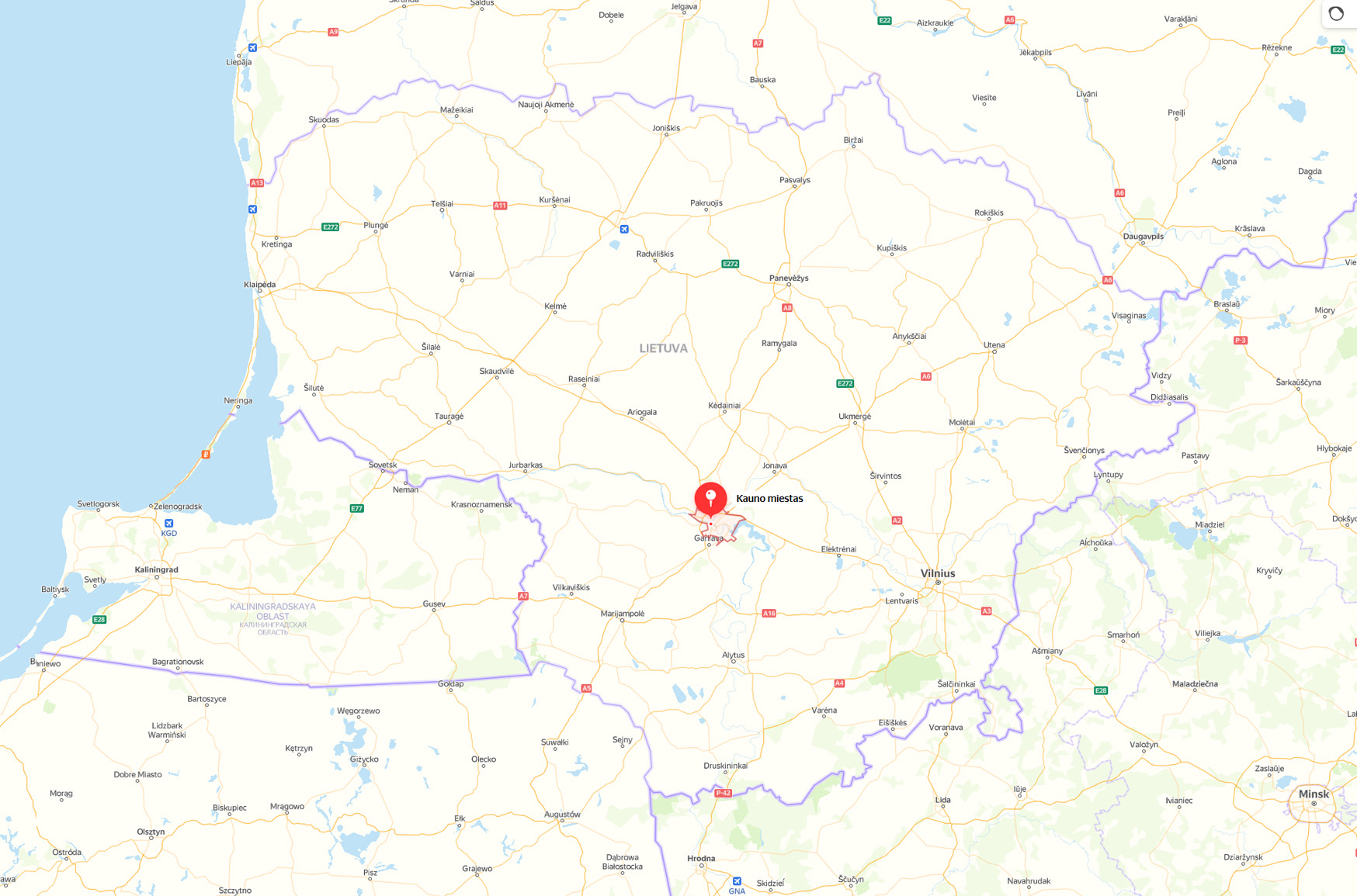 Kauno miesto lokalizacija LR administraciniame žemėlapyje